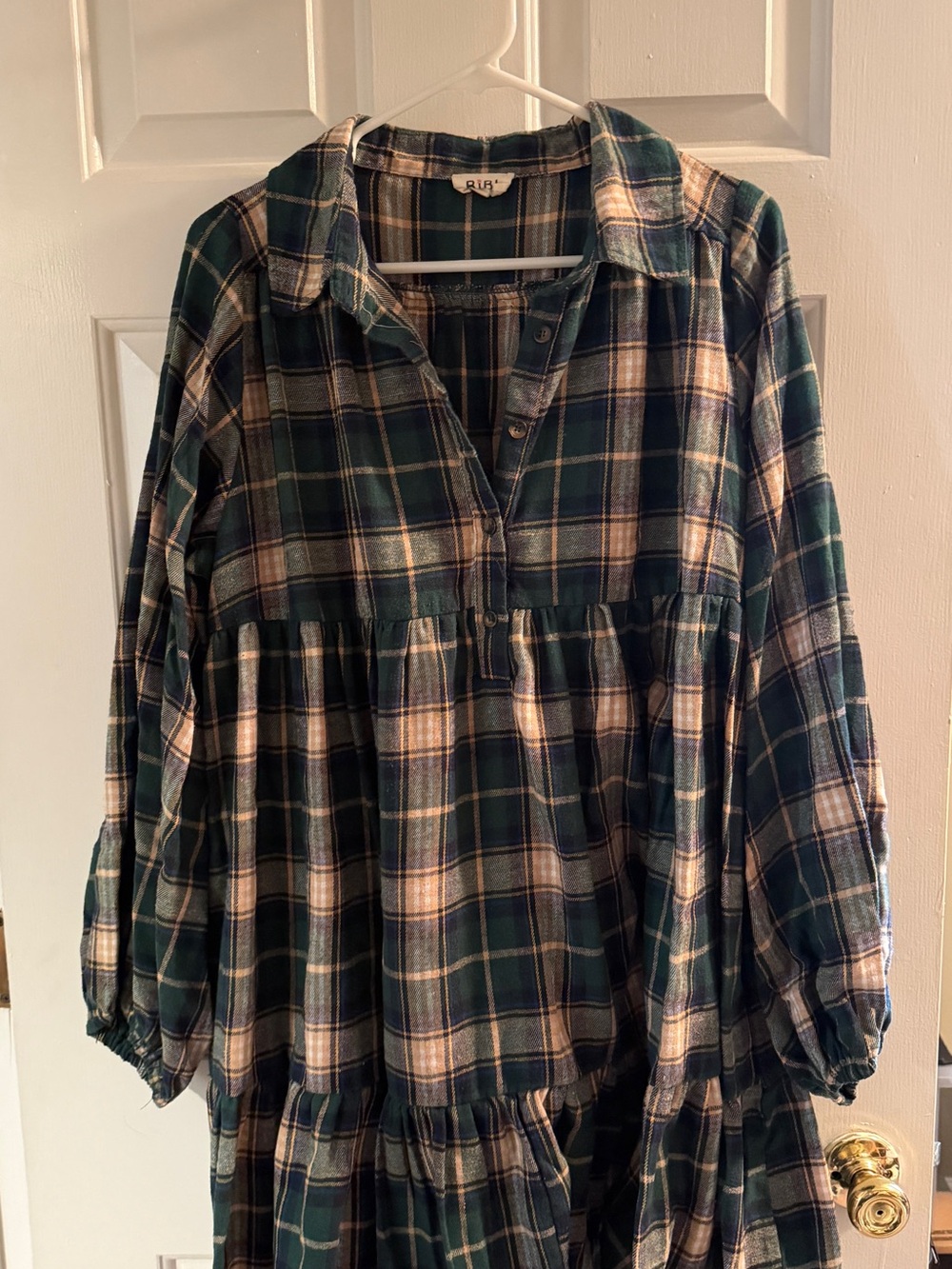 BiBi Green and Cream Plaid Button-Peep Tunic